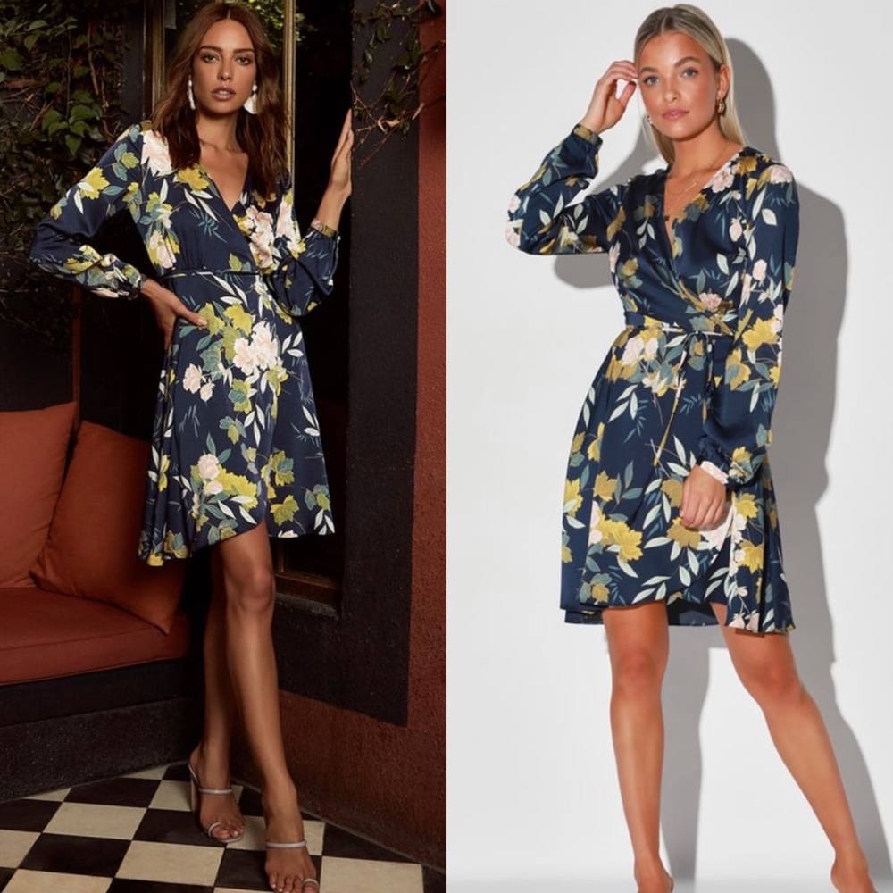 Lulu’s Love is Life Navy Blue Floral Print Satin Wrap Dress - Size M